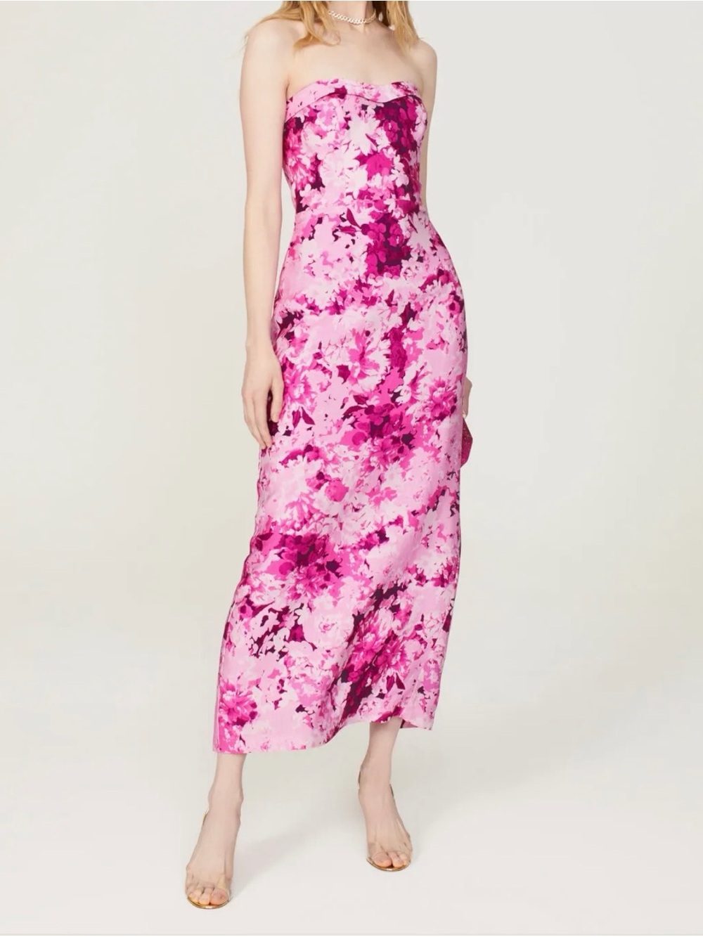 ML Monique Lhuillier Strapless Floral Faille Gown Column Dress Pink Fuchsia Sz 4